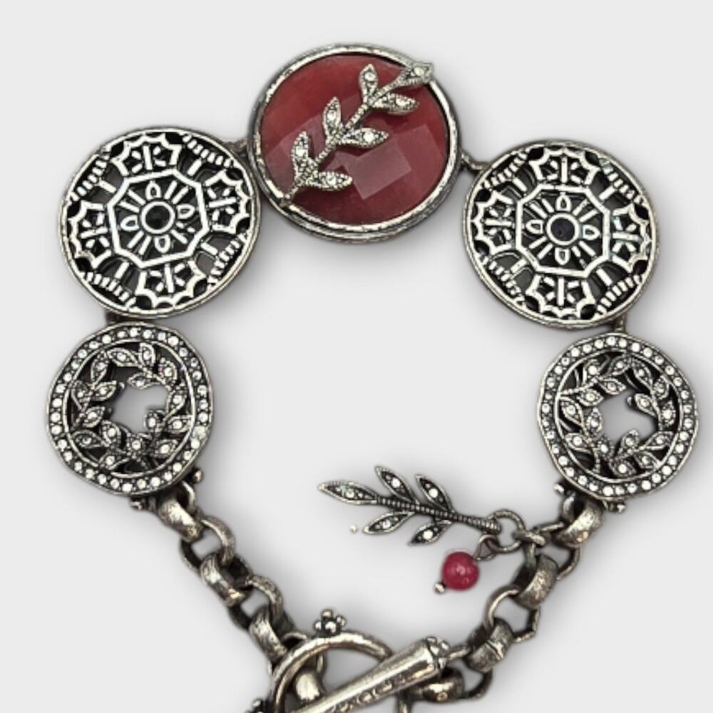 Lucky Brand Red Stone Medallion Bracelet – Rustic Boho Silver Tone